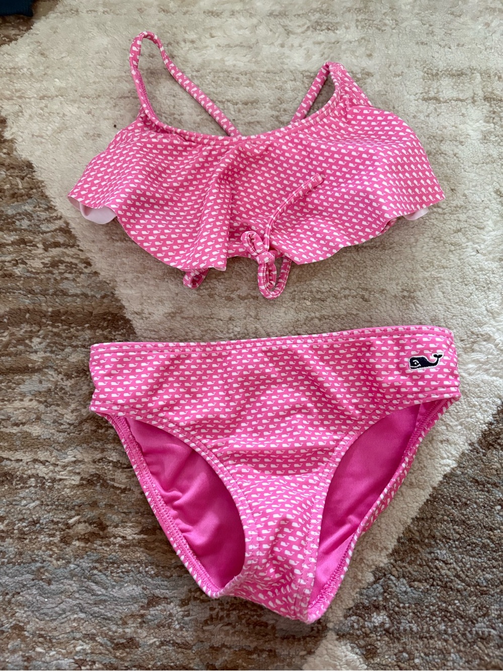 Vineyard Vines Pink Heart Print Ruffle Bikini Set